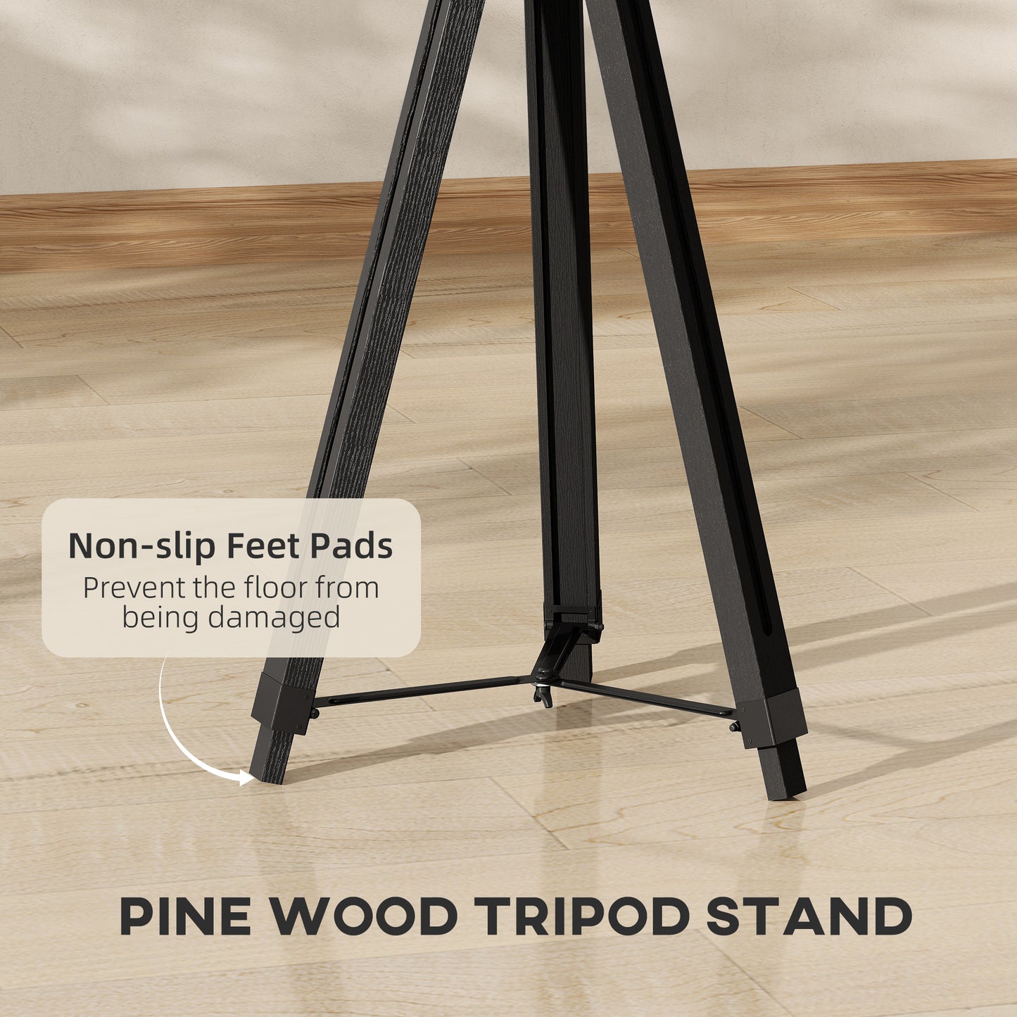 Industrial Tripod Floor Lamp Wood Height Adjustable Spotlight, Black