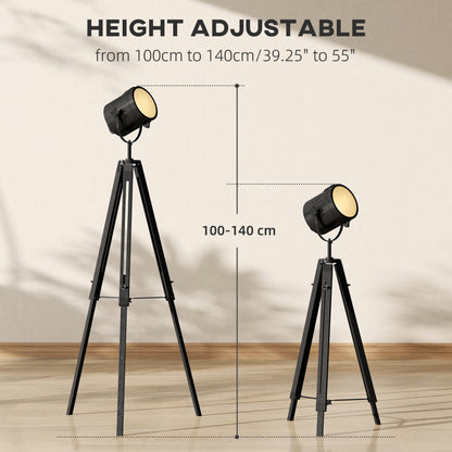 Industrial Tripod Floor Lamp Wood Height Adjustable Spotlight, Black