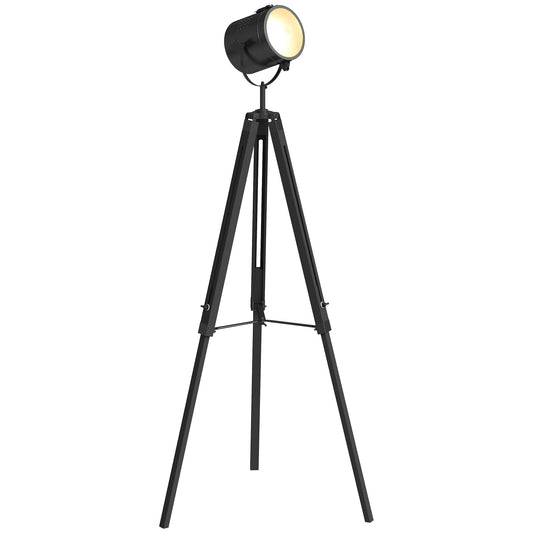 Industrial Tripod Floor Lamp Wood Height Adjustable Spotlight, Black