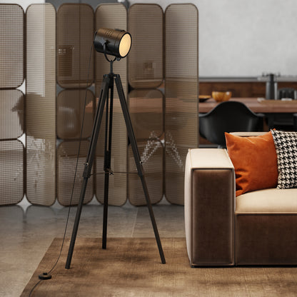 Industrial Tripod Floor Lamp Wood Height Adjustable Spotlight, Black