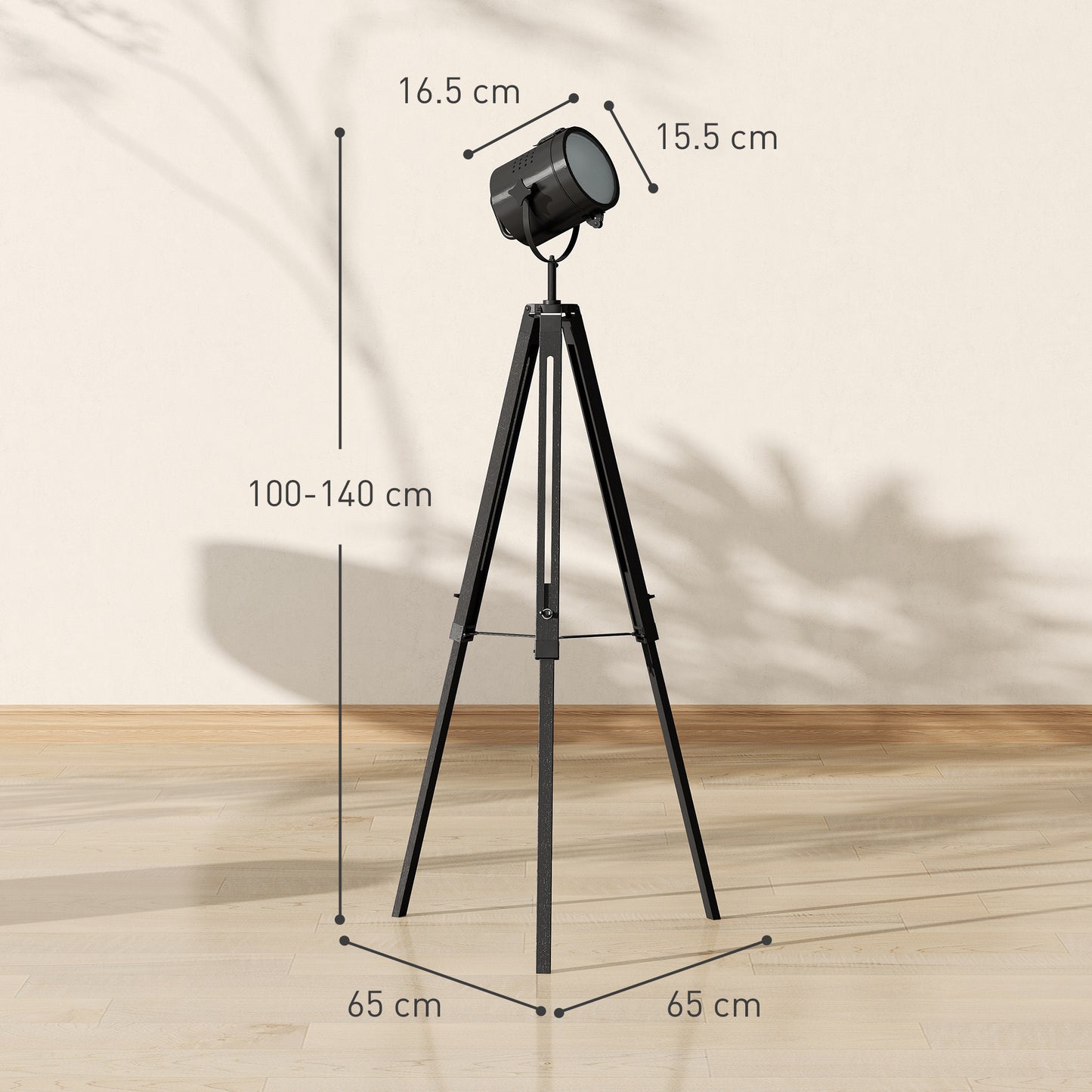Industrial Tripod Floor Lamp Wood Height Adjustable Spotlight, Black