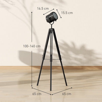 Industrial Tripod Floor Lamp Wood Height Adjustable Spotlight, Black
