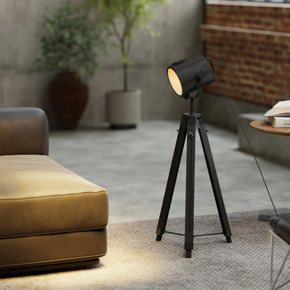 Industrial Tripod Floor Lamp Wood Height Adjustable Spotlight, Black