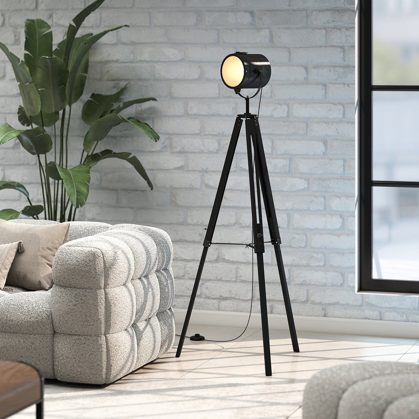 Industrial Tripod Floor Lamp Wood Height Adjustable Spotlight, Black