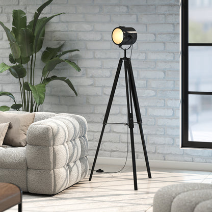 Industrial Tripod Floor Lamp Wood Height Adjustable Spotlight, Black