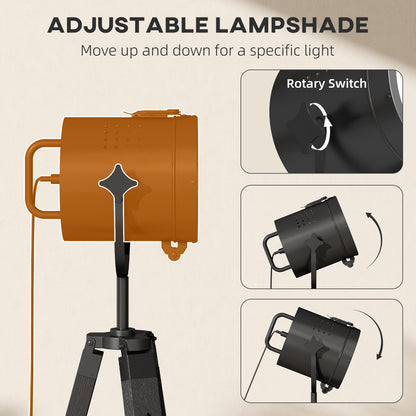 Industrial Tripod Floor Lamp Wood Height Adjustable Spotlight, Black