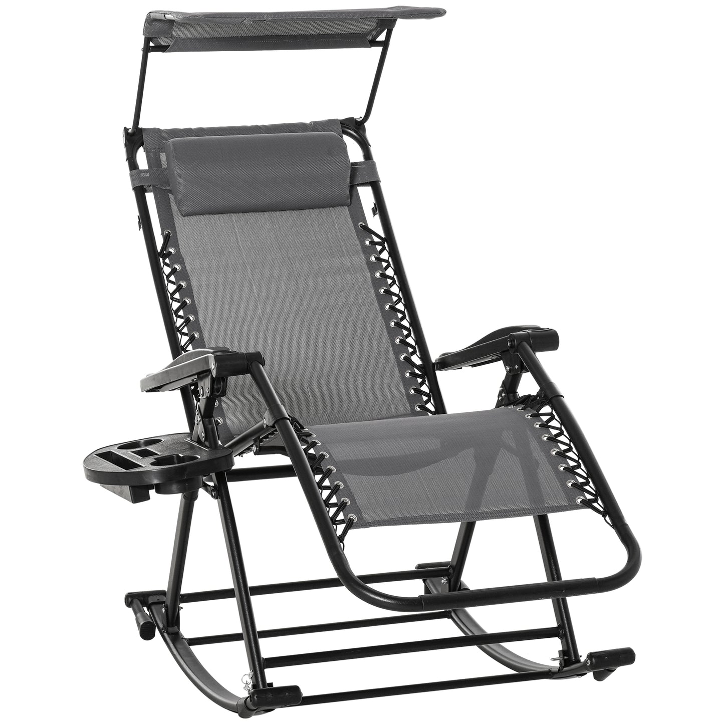 Garden Rocking Chair Folding Recliner Outdoor Adjustable Sun Lounger Rocker Zero-Gravity Seat with Headrest Side Holder Patio Deck - Grey