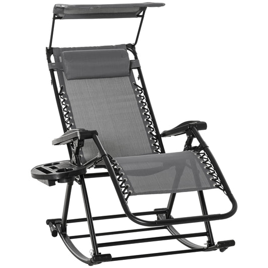 Garden Rocking Chair Folding Recliner Outdoor Adjustable Sun Lounger Rocker Zero-Gravity Seat with Headrest Side Holder Patio Deck - Grey