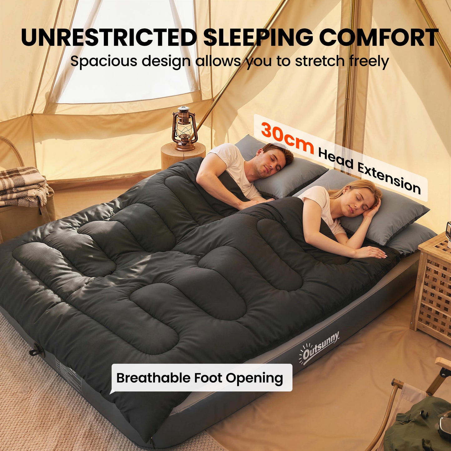Double Sleeping Bag with 2 Pillows, 220 x 160cm Sleeping Bag Black
