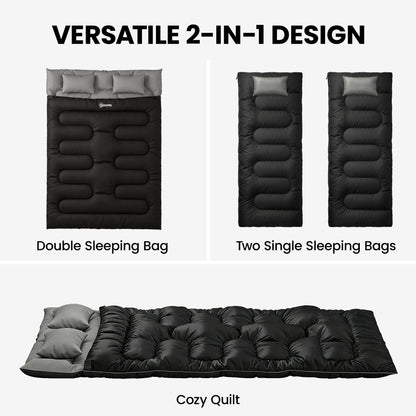 Double Sleeping Bag with 2 Pillows, 220 x 160cm Sleeping Bag Black