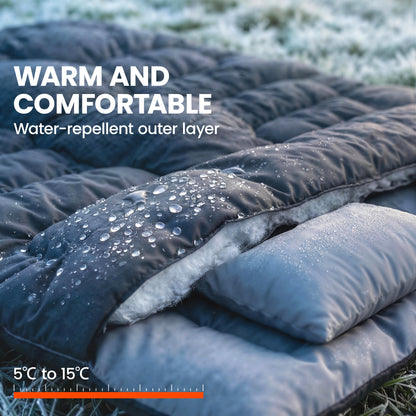 Double Sleeping Bag with 2 Pillows, 220 x 160cm Sleeping Bag Black