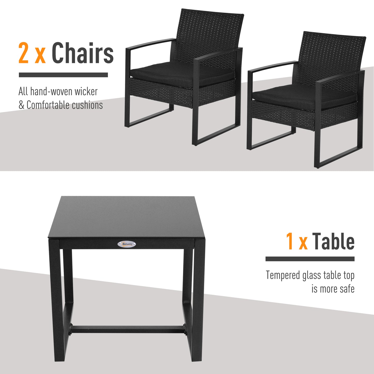 Outsunny 3 Pieces Outdoor Rattan Bistro Set, Patio Wicker Balcony Furniture, Conservatory Sofa Coffee Table and Chairs Sets for Garden, Backyard, Porch, Black