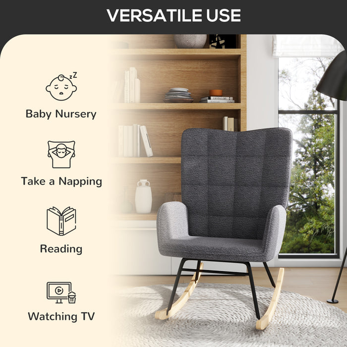 Wingback Rocking Chair for Nursing, Berber Fleece Nursery Glider Rocker, Modern Armchair for Living Room, Grey