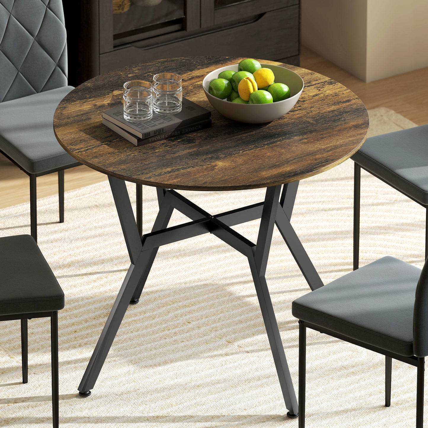 Small Kitchen Table with Black Steel Legs, Dining Table, Rustic Brown