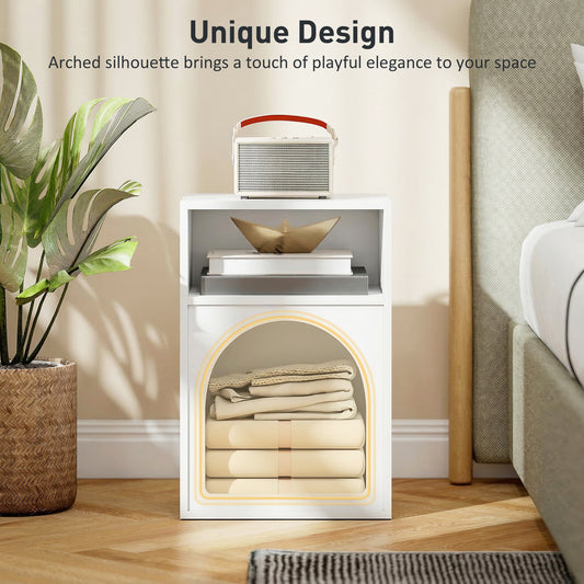 Bedside Table, Modern Bedside Cabinet with 2 Open Compartments and Unique Arch Design, Side Table for Living Room, Bedroom, White