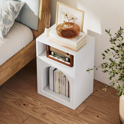 Bedside Table, Modern Bedside Cabinet with 2 Open Compartments and Unique Arch Design, Side Table for Living Room, Bedroom, White