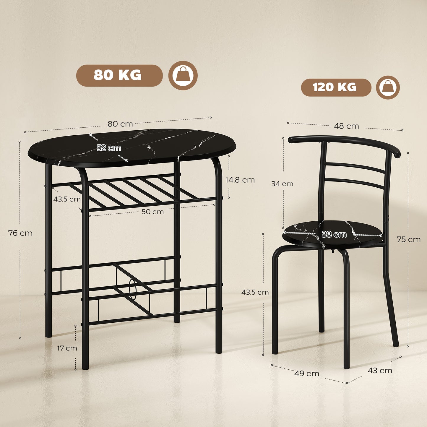 Breakfast Bar Table and Stools Set, Dining Room Set with Shelf, Black