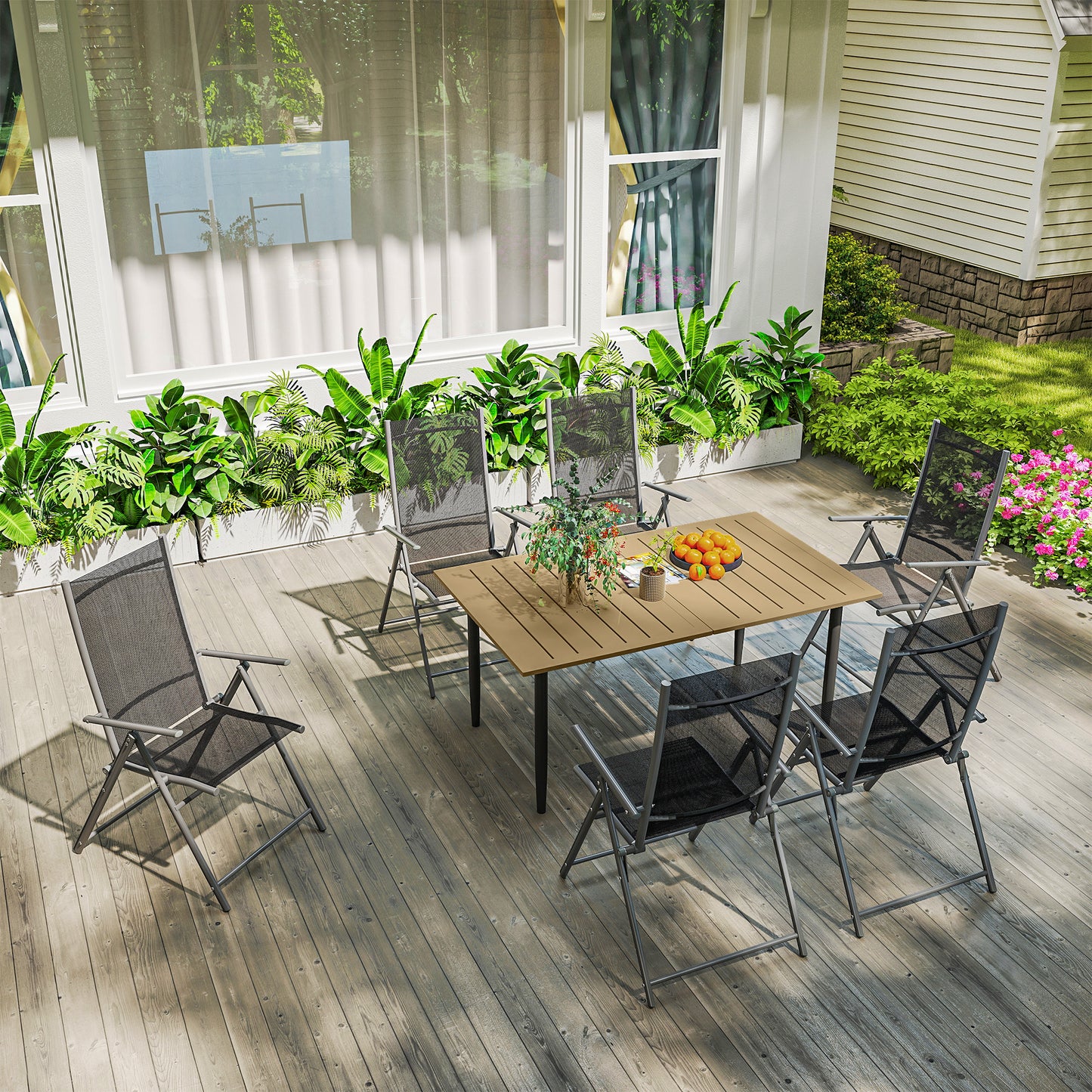 Garden Dining Table for 6 Person with Parasol Hole, Brown