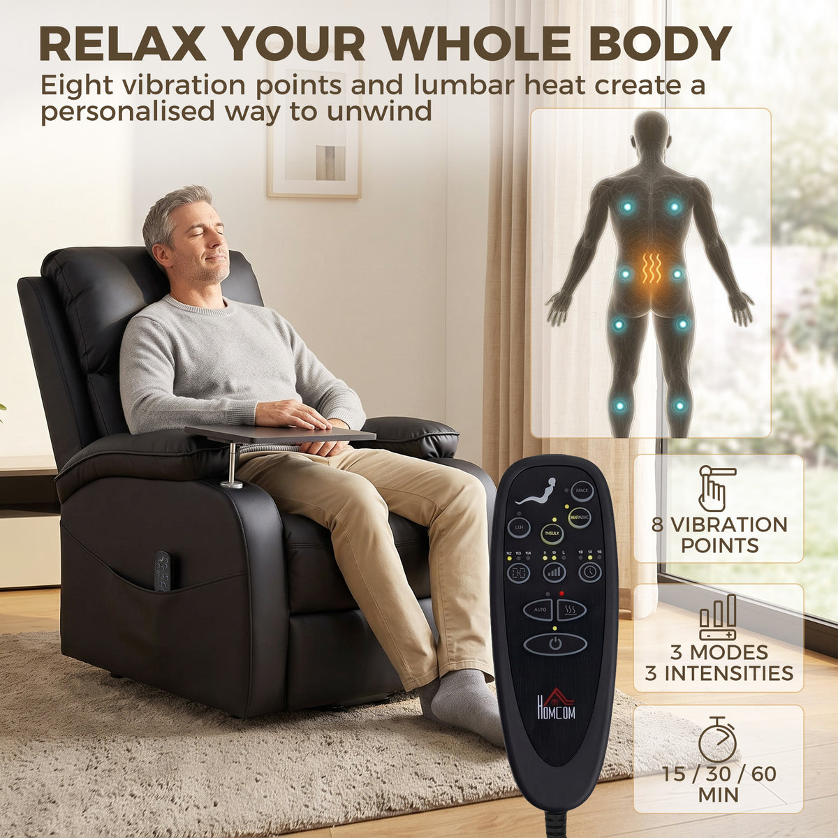 Faux Leather Electric Riser Recliner with Massage, Heat and Side Table - Black