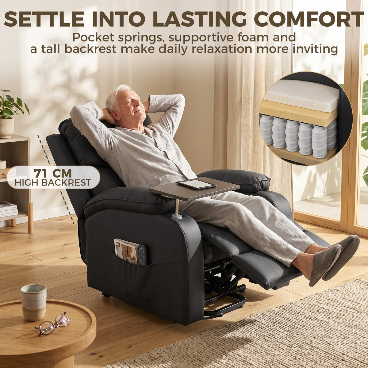 Faux Leather Electric Riser Recliner with Massage, Heat and Side Table - Black