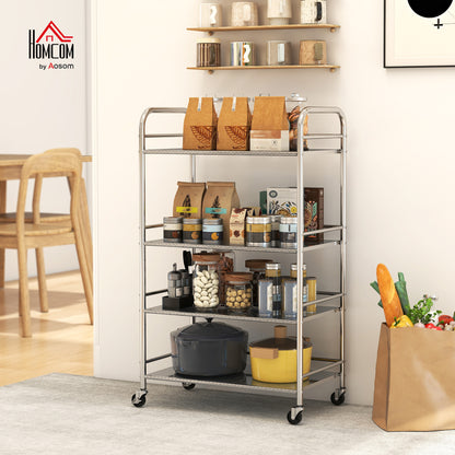 4 Tier Kitchen Trolley on Wheels Serving Cart with Handles Silver