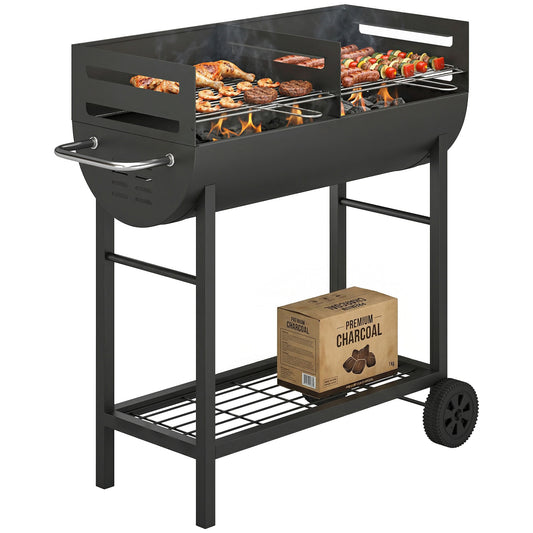 Charcoal Barbecue Grill with 2 Cooking Areas, Wheels