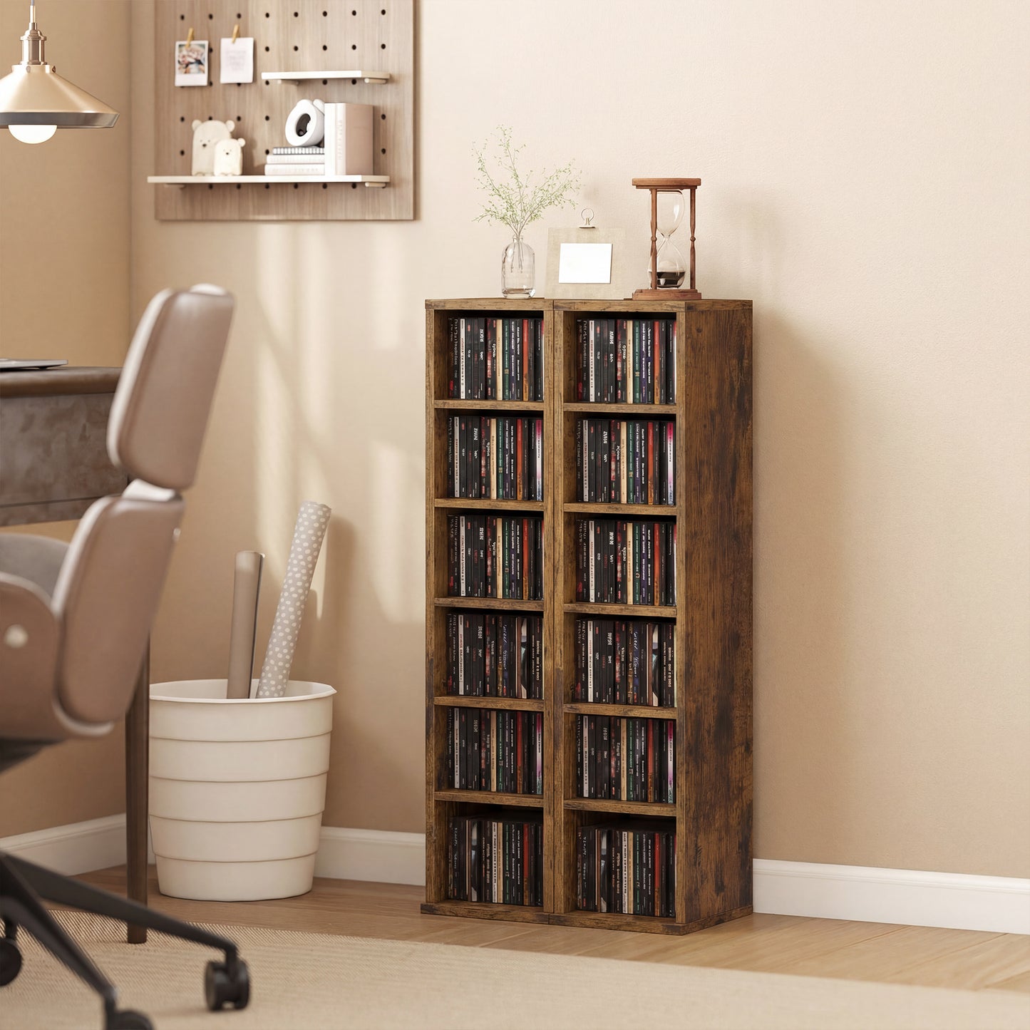 Set of 2 CD Storage Units with Adjustable Shelves, Rustic Brown