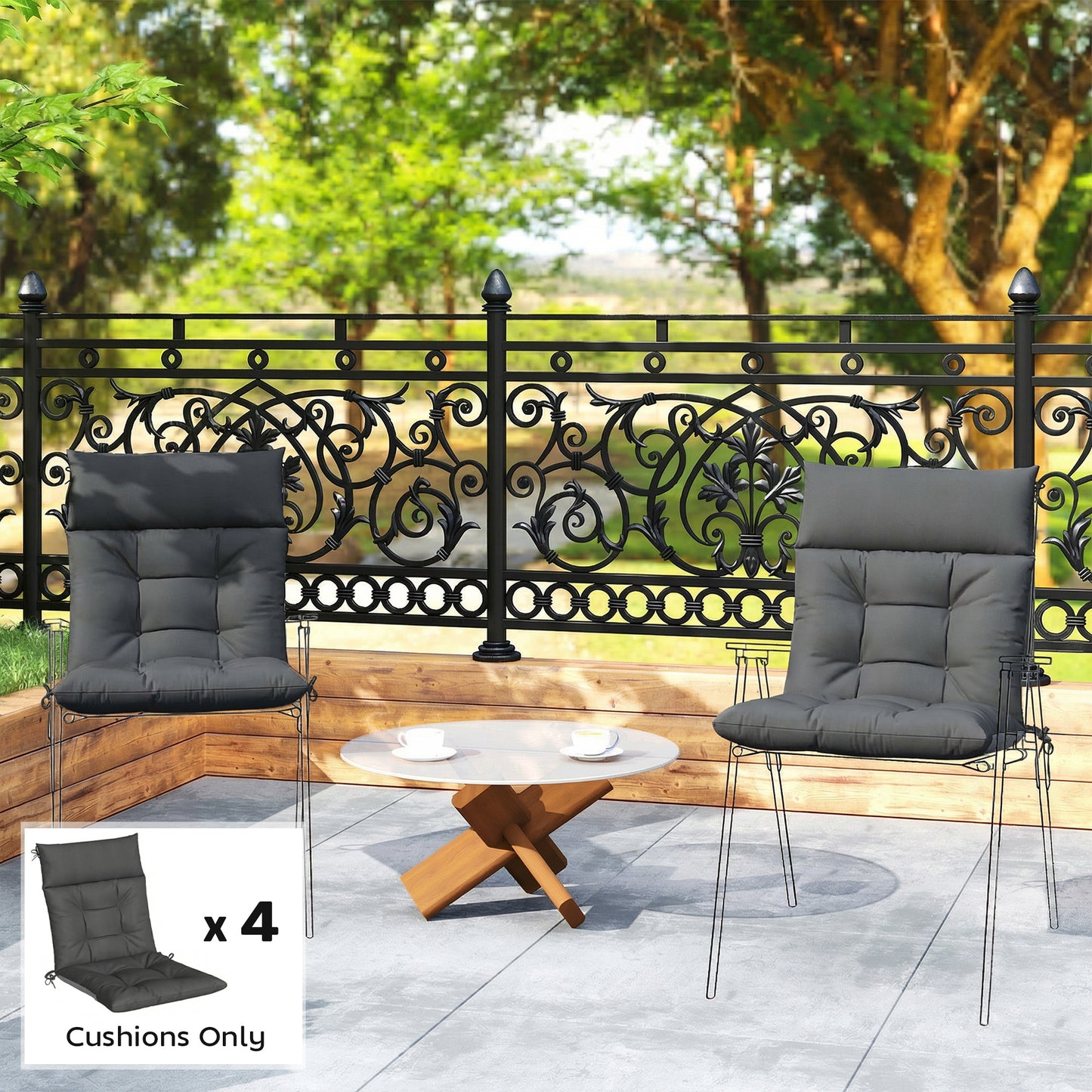 Garden Chair Cushions Set of 4, Waterproof Seat Pads, Dark Grey