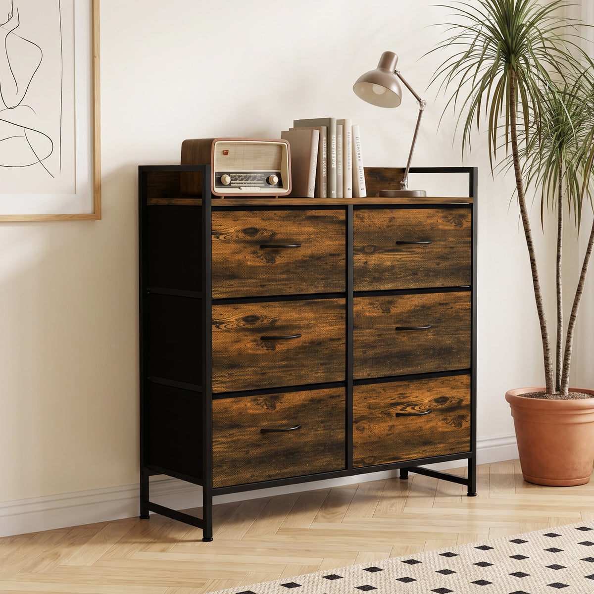 6-Drawer Fabric Chest with Top Shelf and Steel Frame - Rustic Brown & Black