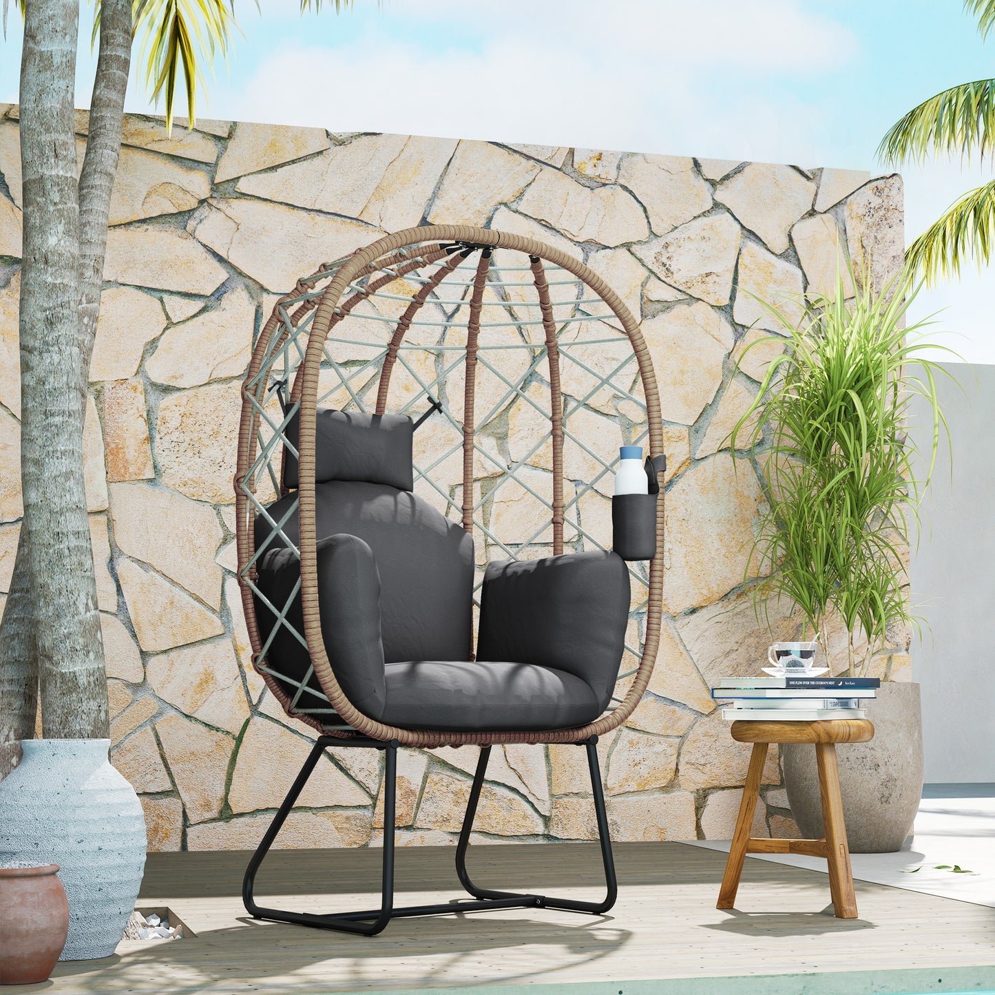 Rattan Garden Egg Chair with Thickened Cushion, Headrest, Brown
