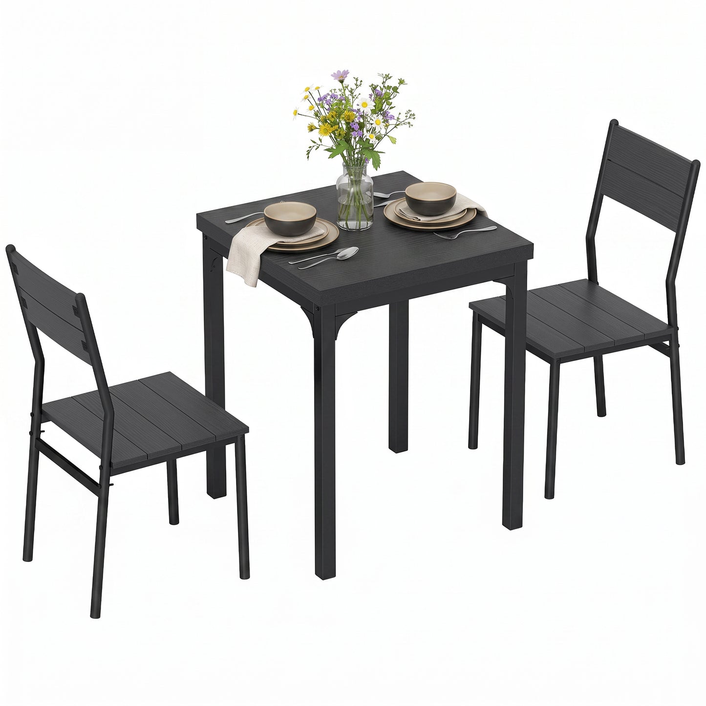3 Pieces Modern Dining Table Set, Kitchen Table and Chairs for 2, Space Saving Design, Breakfast Nook Table Set with Steel Legs for Kitchen, Small Space, Black Wood Effect