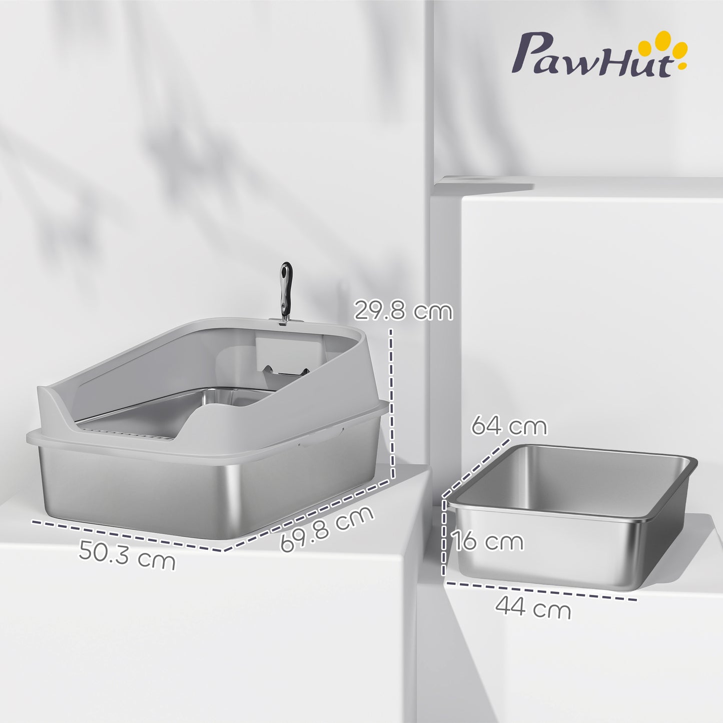 XXL Stainless Steel Cat Litter Box with High Sides, 70 x 50 x 30 cm