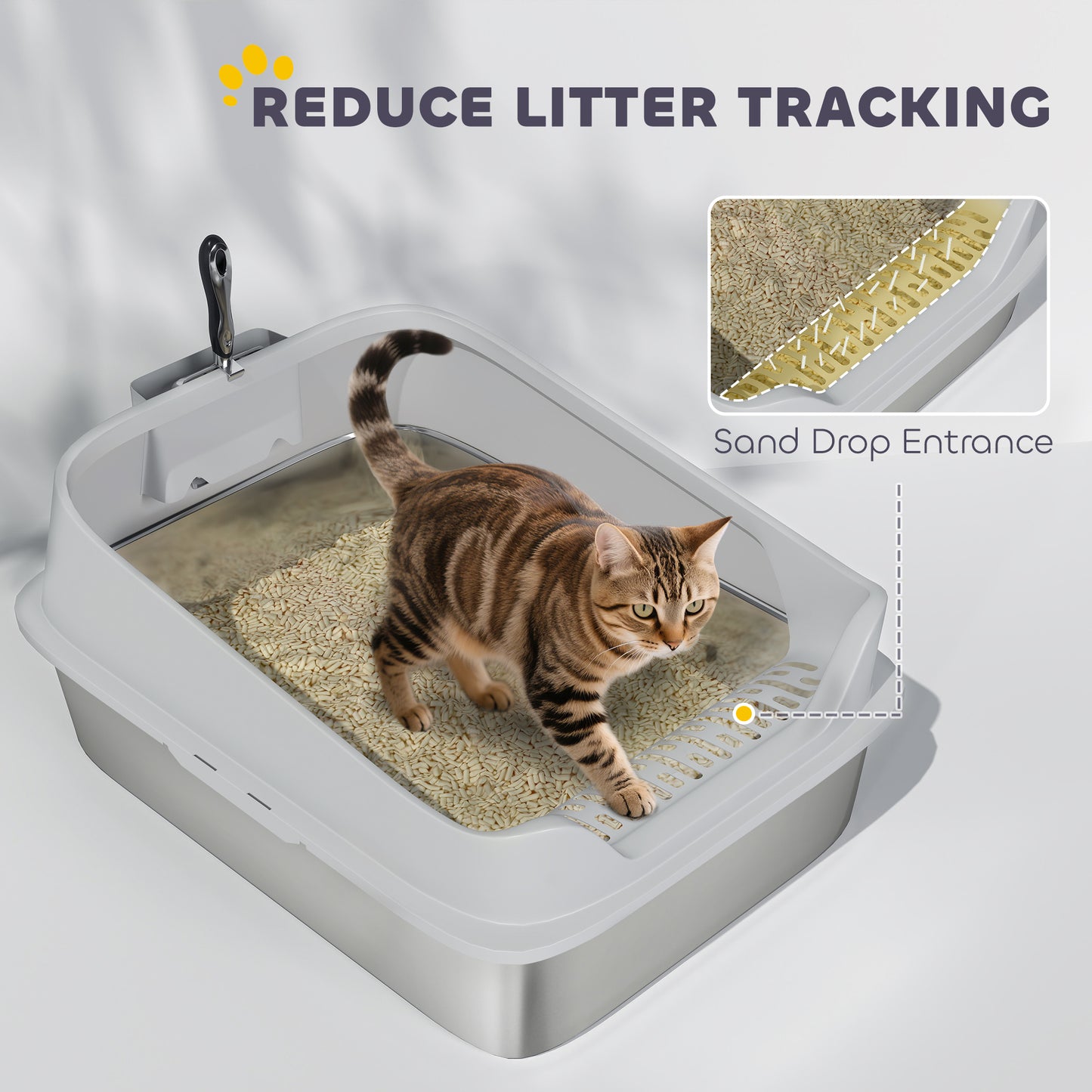 XXL Stainless Steel Cat Litter Box with High Sides, 70 x 50 x 30 cm