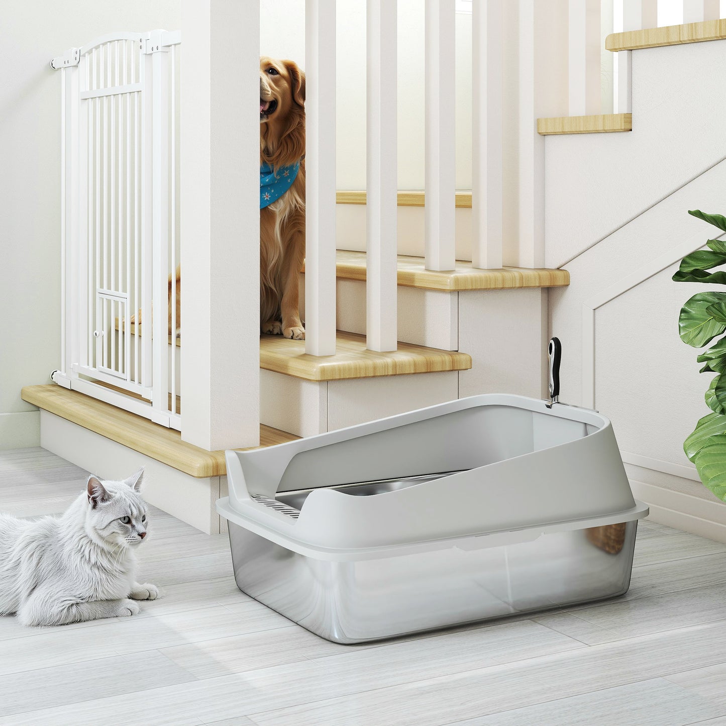 XXL Stainless Steel Cat Litter Box with High Sides, 70 x 50 x 30 cm
