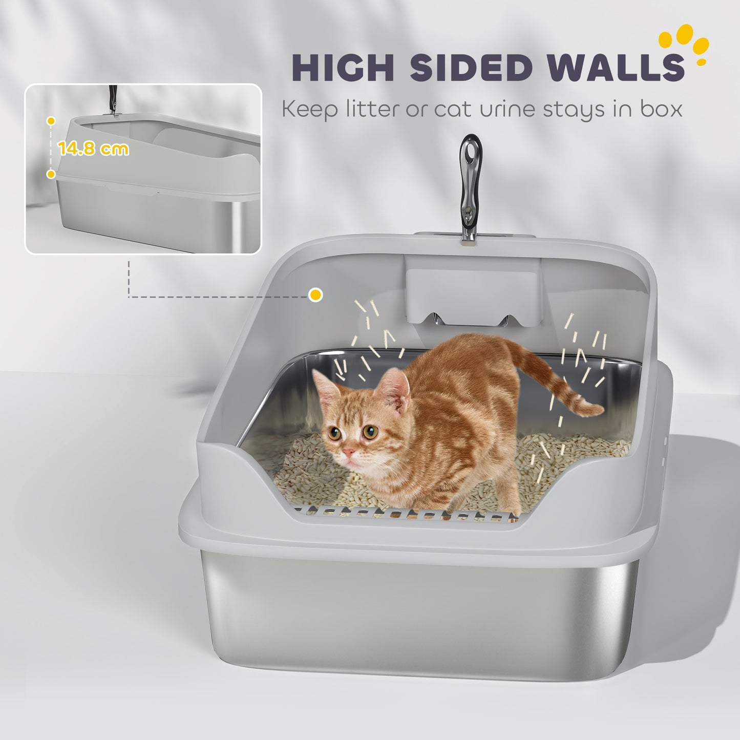 XXL Stainless Steel Cat Litter Box with High Sides, 70 x 50 x 30 cm