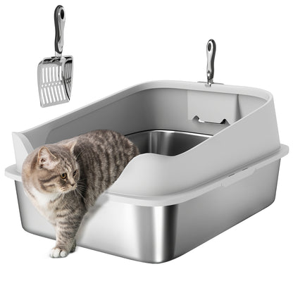XXL Stainless Steel Cat Litter Box with High Sides, 70 x 50 x 30 cm