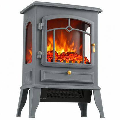 2000W Freestanding Electric Stove with 3-Sided Log Flame Effect - Grey