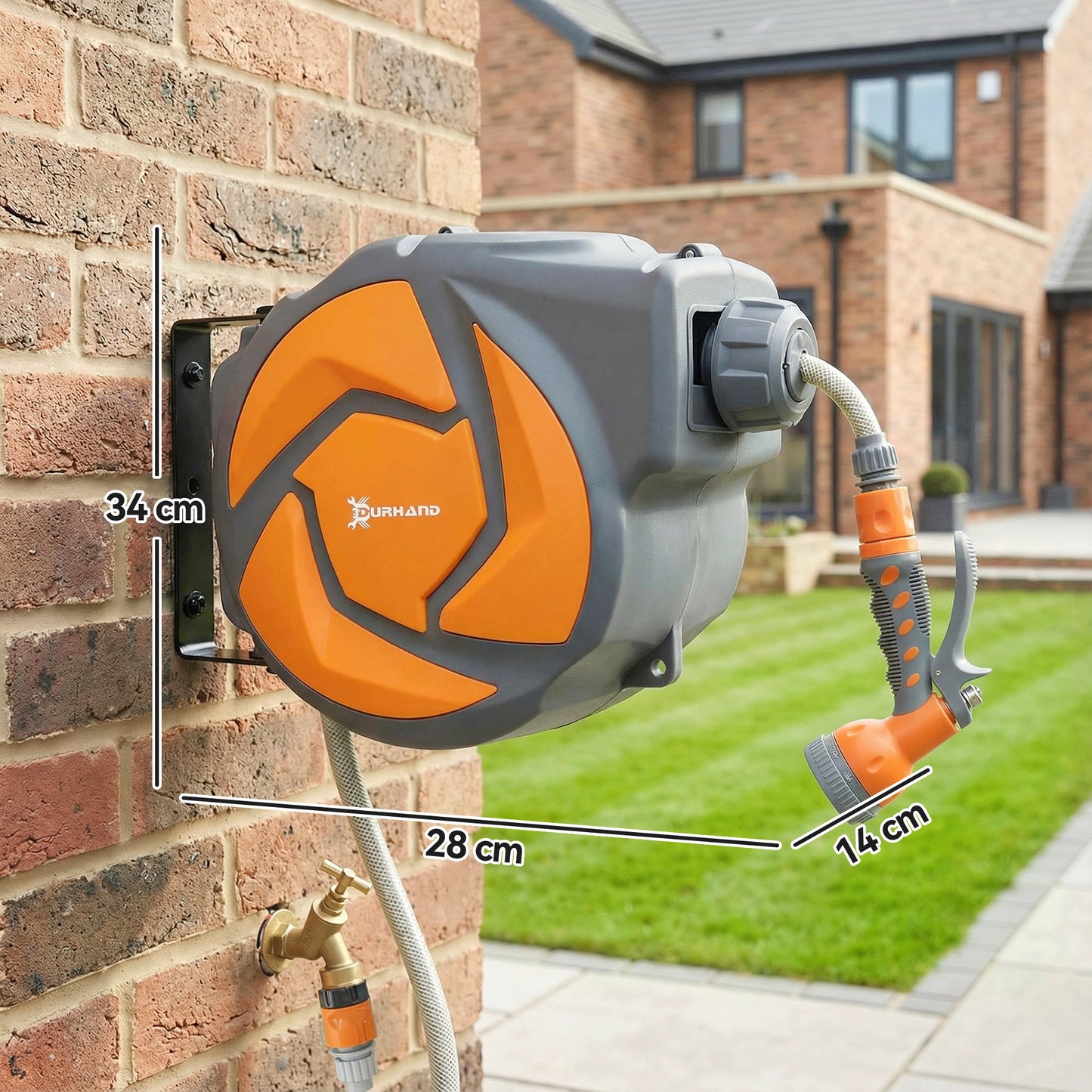 DURHAND 10m Garden Hose Reel Wall Mounted Auto Rewind with 7 Patterns Spray Nozzle, Includes Wall Fixings, Dark Grey and Orange