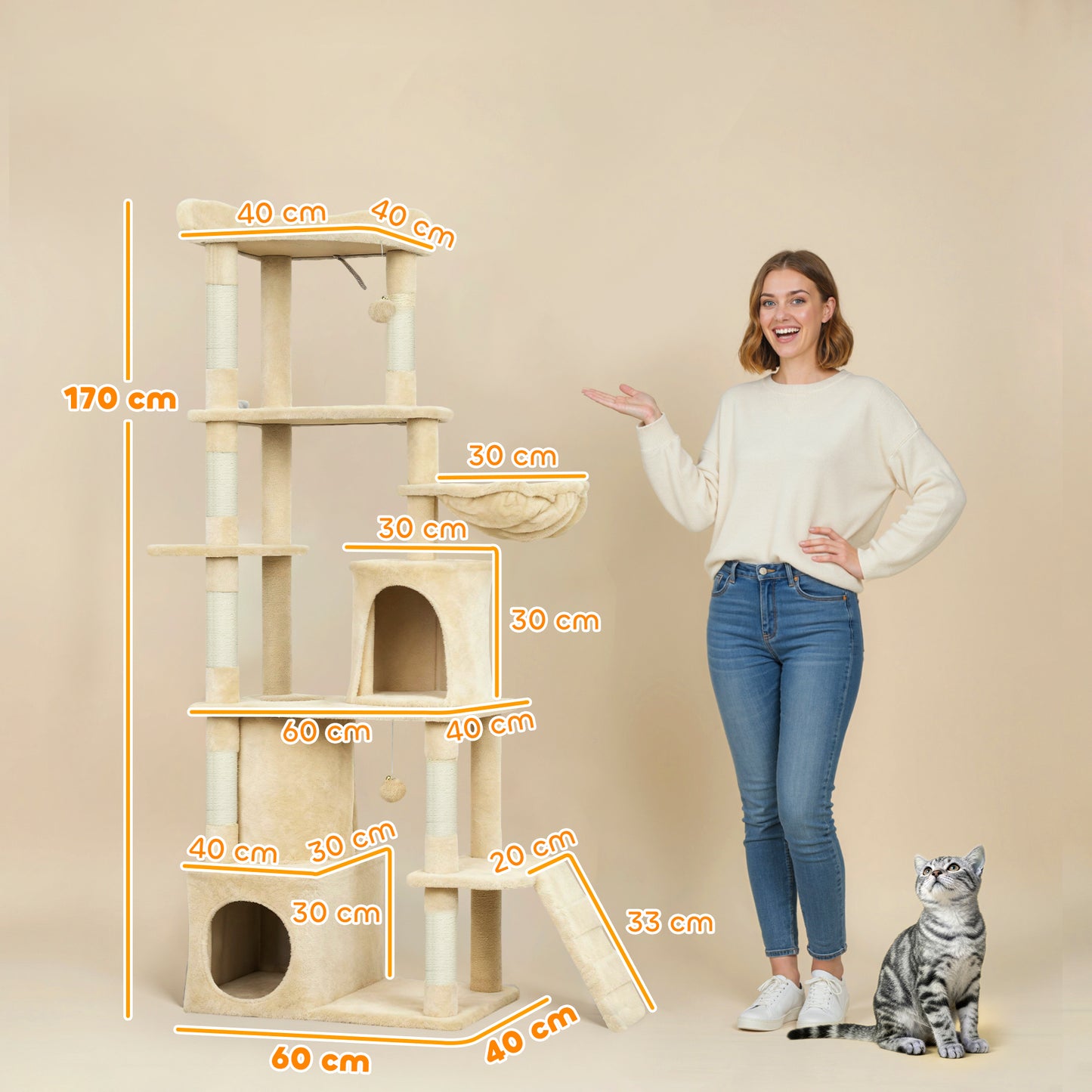 Cat Tree, 170 cm Large Cat Tower with 7 Scratching Posts, 1 Tunnel, 2 Condos, 1 Hammock, 1 Perch, 1 Ramp, 4 Platforms, 2 Pompoms, Multi-Level Kitty House for Indoor Kittens, Beige