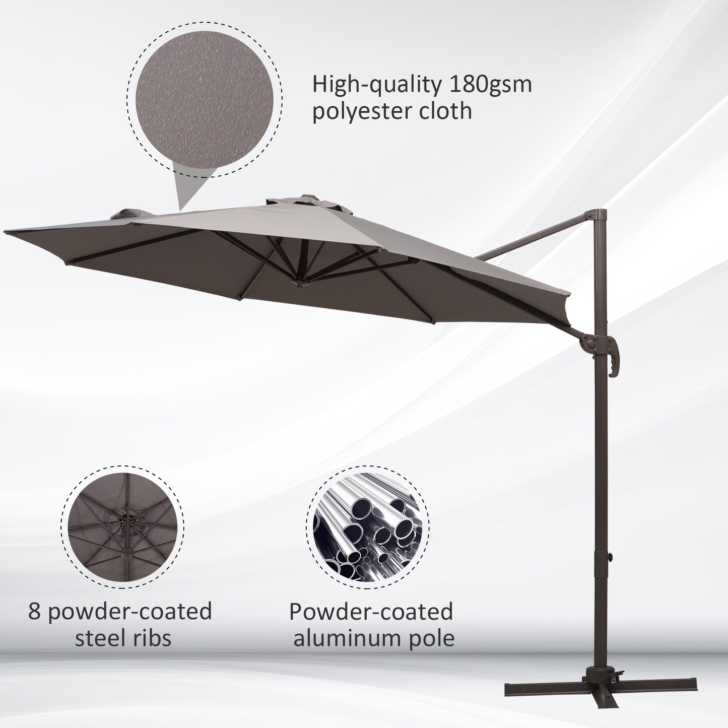 Outsunny 3M Roma Umbrella Sun Shade Cantilever Hanging Parasol w/ Cross Base Hand Crank Aluminium Frame 360¬¨‚àû Rotation - Grey
