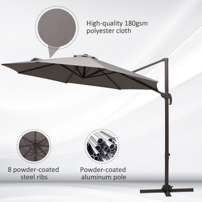 Outsunny 3M Roma Umbrella Sun Shade Cantilever Hanging Parasol w/ Cross Base Hand Crank Aluminium Frame 360¬¨‚àû Rotation - Grey