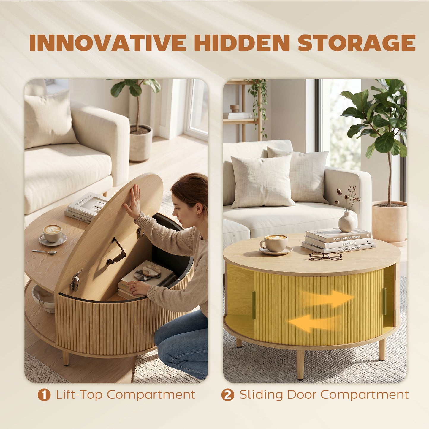 Round Coffee Table with Storage, 80 cm Modern Centre Table with Fluted Sliding Cabinet Door and Lift Top, Wood Circle Drum Table for Living Room, Natural Wood