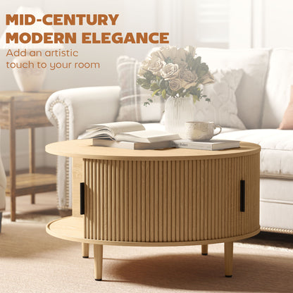 Round Coffee Table with Storage, 80 cm Modern Centre Table with Fluted Sliding Cabinet Door and Lift Top, Wood Circle Drum Table for Living Room, Natural Wood