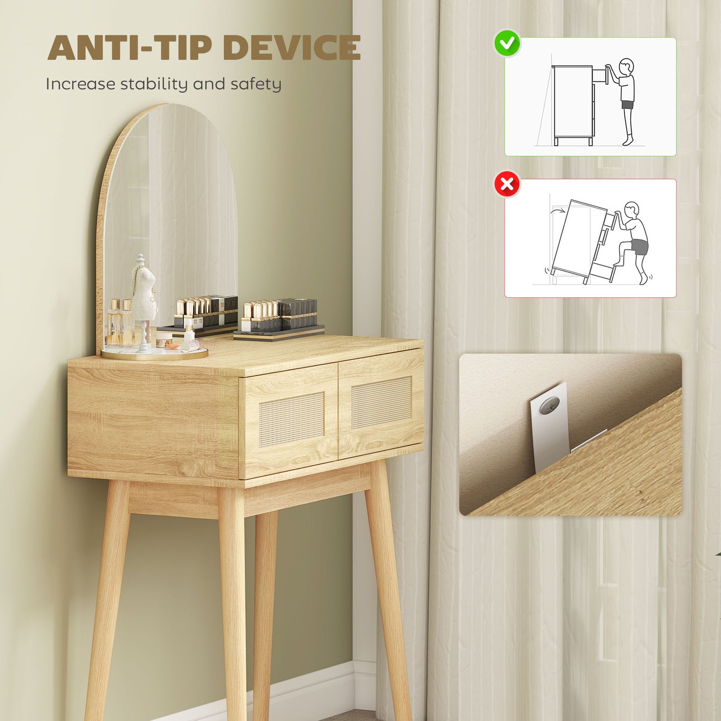 Dressing Table, Vanity Desk w/ Mirror, 2 Drawers, Natural Wood Finish