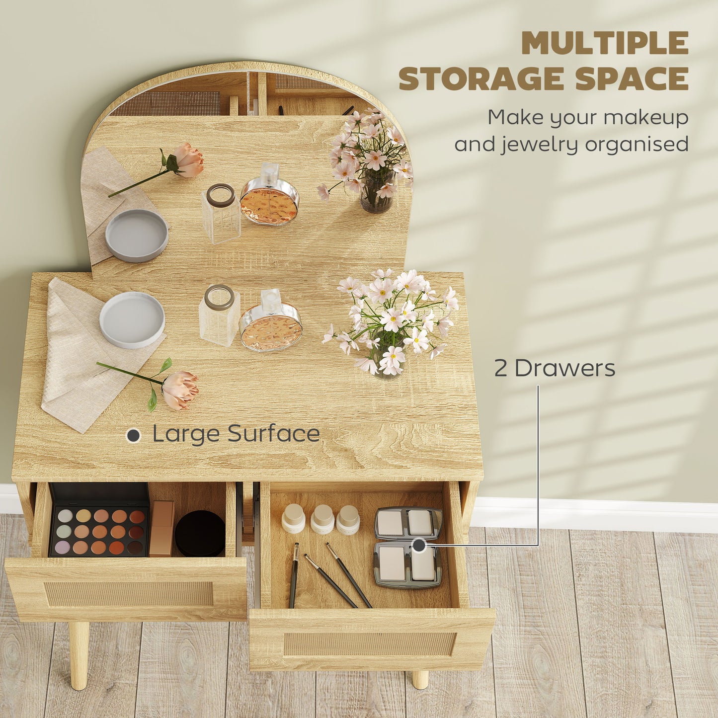 Dressing Table, Vanity Desk w/ Mirror, 2 Drawers, Natural Wood Finish