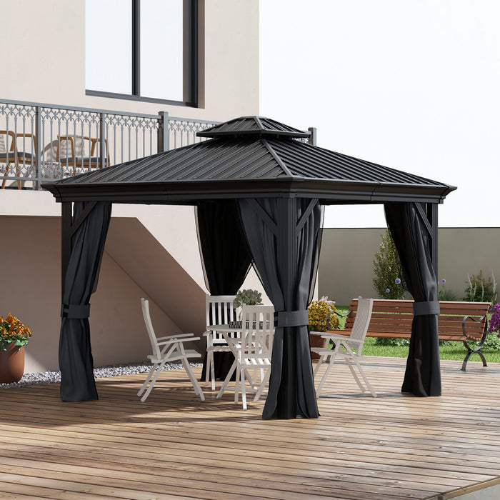 3 x 3.7m Outdoor Hardtop Gazebo Canopy Aluminum Frame with 2-Tier Roof & Mesh Netting Sidewalls for Patio, Grey