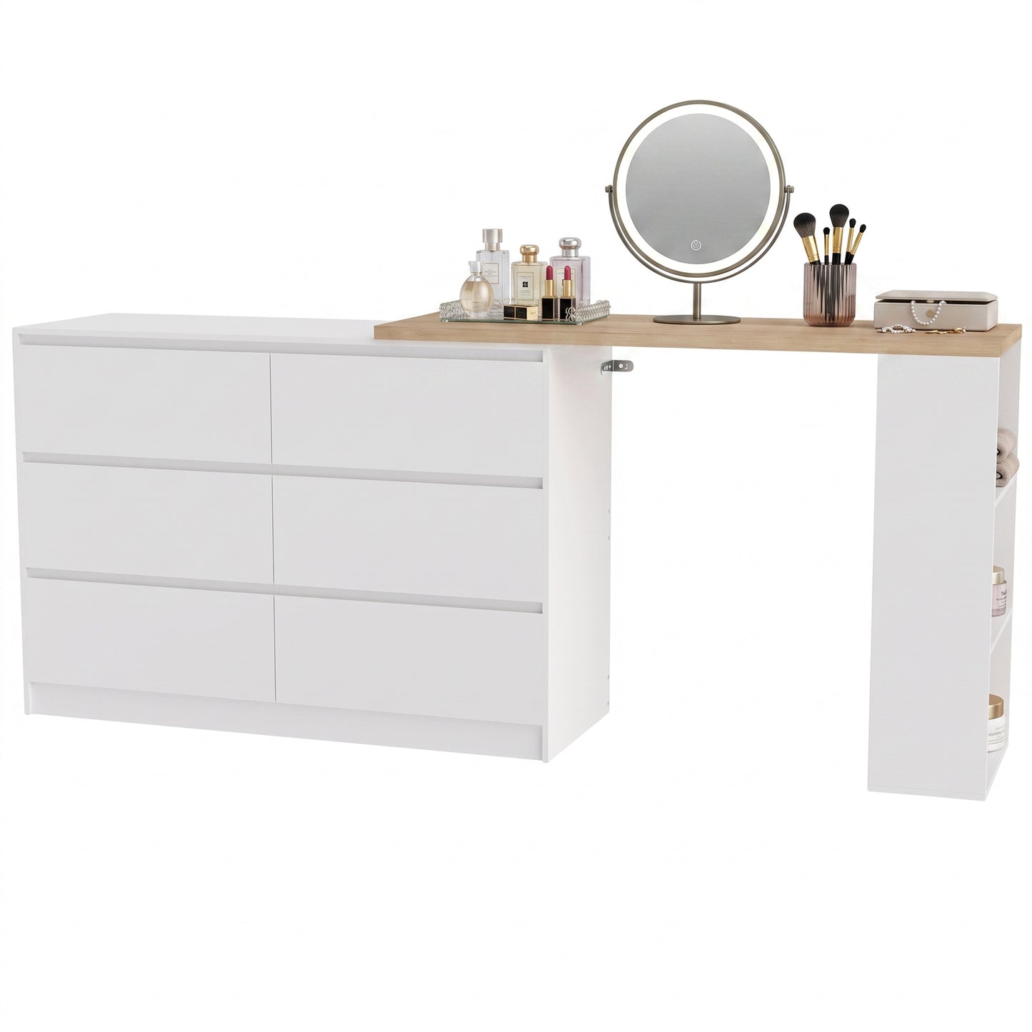 Vanity Table, Dressing Table with 6 Drawers and 3-Tier Shelf for Women and Girls, White