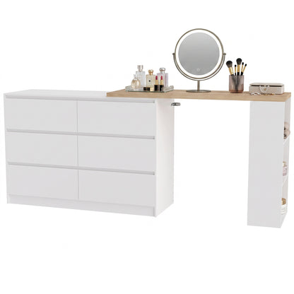 Vanity Table, Dressing Table with 6 Drawers and 3-Tier Shelf for Women and Girls, White