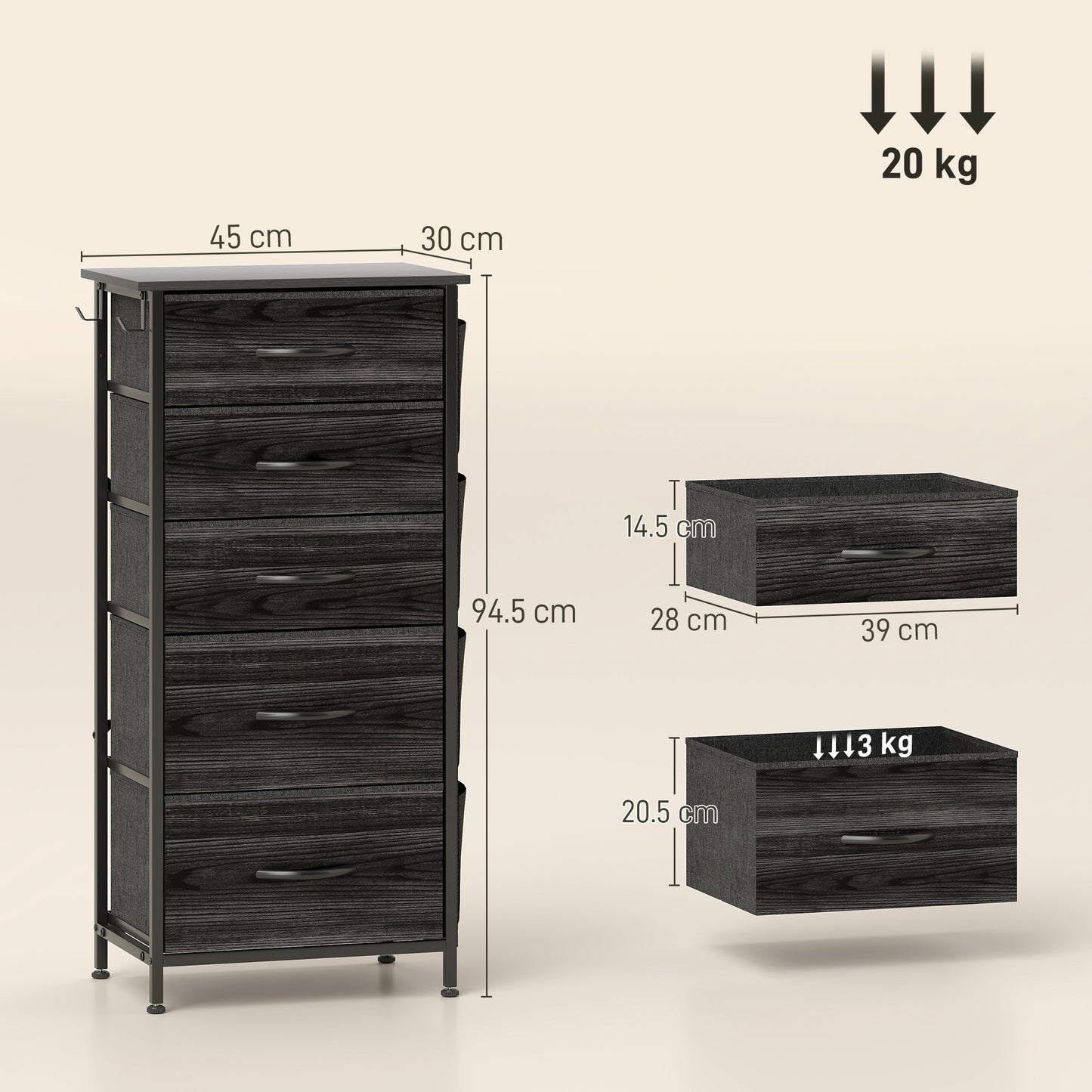Fabric Chest of Drawers, 5 Drawer Dresser for Bedroom, Black