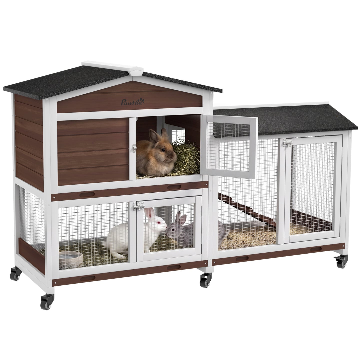 Rabbit Hutch, Bunny Cage Outdoor 2-Tier w/ Wheels & Tray, Brown